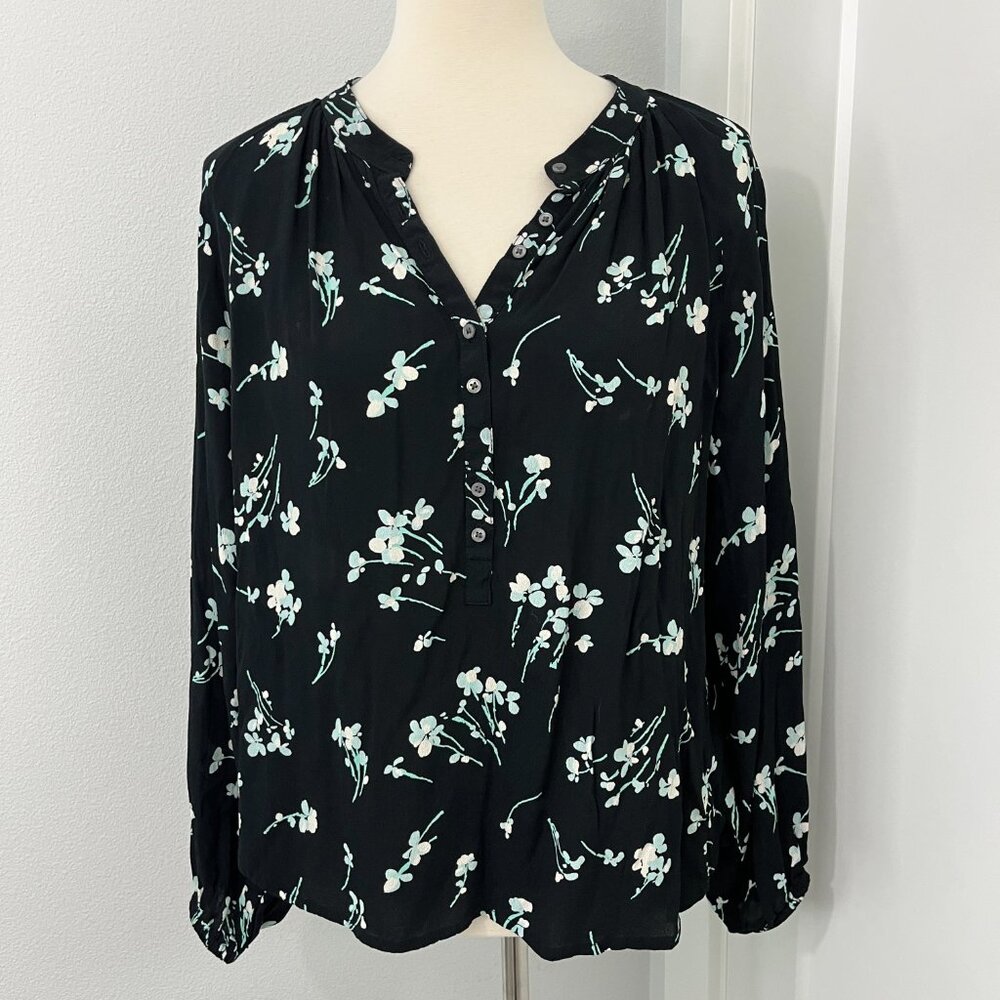 J. Crew Medium Black Floral Long Sleeve Drapey Popover Shirt Blouse